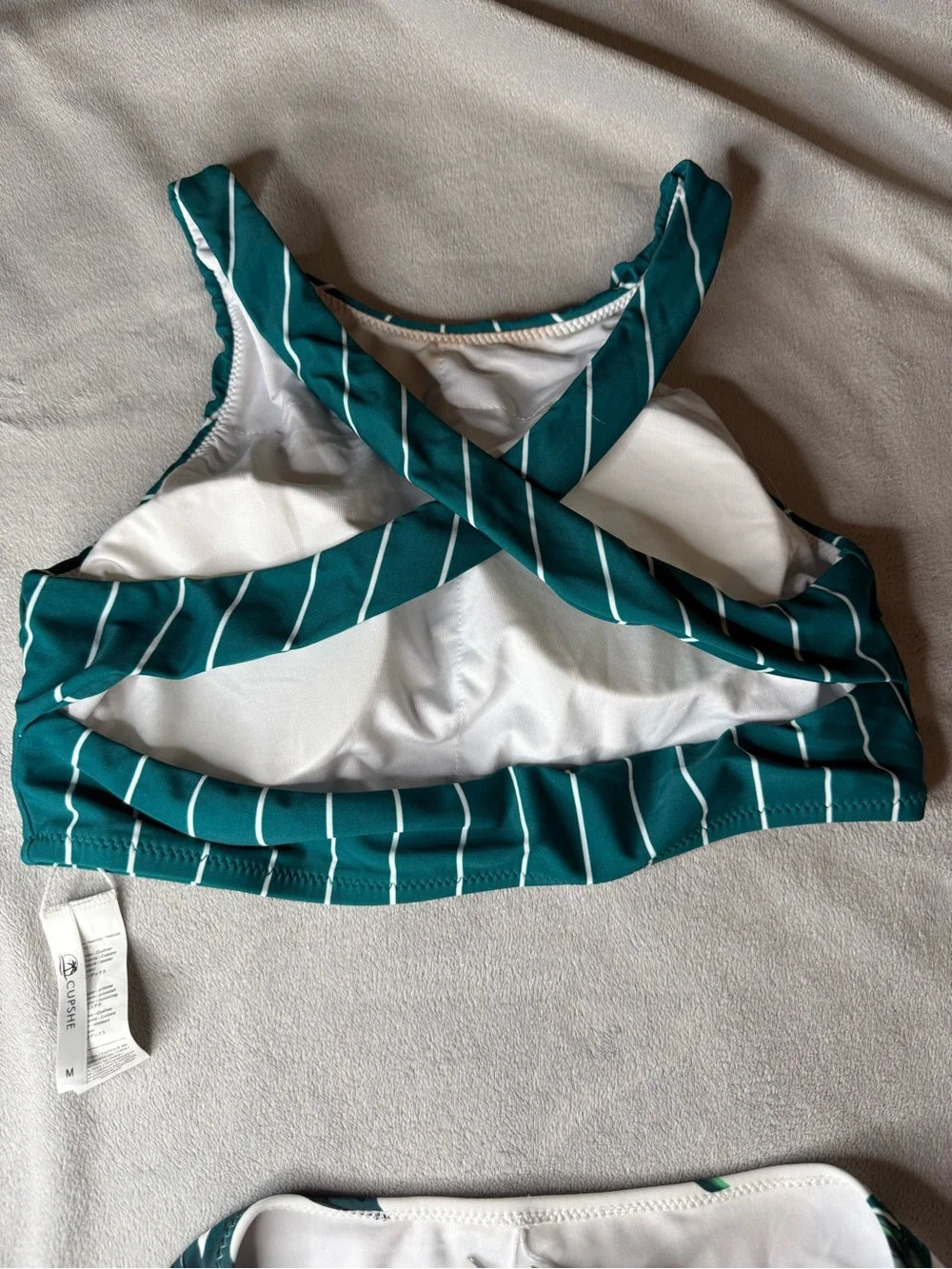 Cupshe Teal Stripe and Leaves Print Crisscross Bikini Set size medium